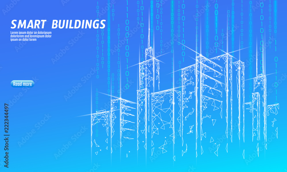 Poster low poly smart city 3d wire mesh. intelligent building automation system business concept. web onlin