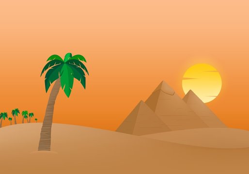 The Egyptian Pyramids of Giza at sunrise in the dune sand with orange sun in the background of palm trees with brown trunk with green leaves