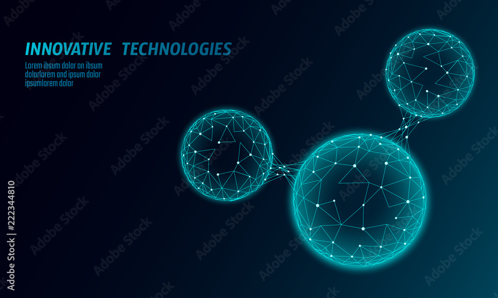 Poster low poly water molecule structure 3d render concept. polygonal science research ecological technolog
