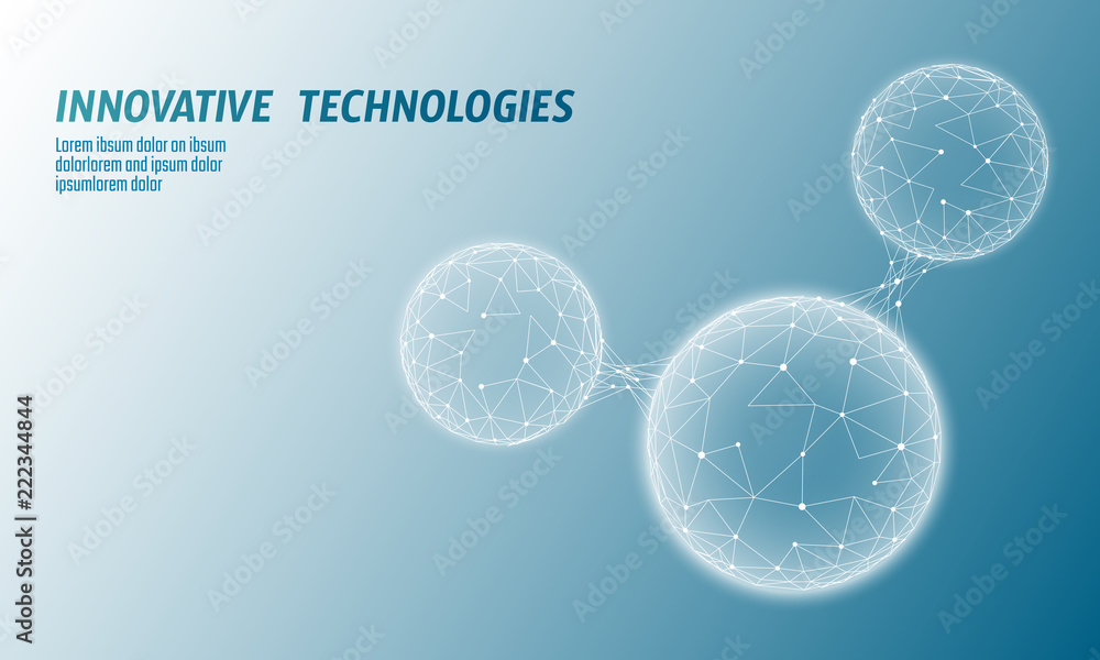 Poster low poly water molecule structure 3d render concept. polygonal science research ecological technolog