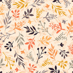 Seamless vector pattern with abstract leaves orange, gold, purple, gray on a beige background. Leaf texture, endless background. For wallpaper, pattern fills, web banners, surface design, Thanksgiving