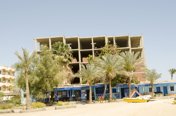 building under construction among palm trees