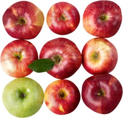 Apples in a 3 x 3 square - one is green and one has a leaf on
