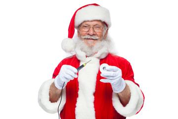 Christmas. Santa Claus in white gloves holding a soldering iron with a solder. Electronics, equipment repair. Ad of a master on equipment repair. Isolated on white background.