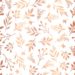 Fototapeta na wymiar Seamless vector background with abstract rose gold foil leaves on white. Simple copper leaf metallic texture, endless foliage pattern. Paper, web banner, cards, wedding, celebration, invite, party
