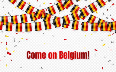 Obraz premium Belgium flags garland on transparent background with confetti. Hang bunting for independence Day celebration template banner, Vector illustration