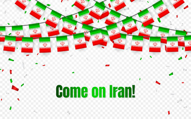 Fototapeta premium Iran garland flag with confetti on transparent background, Hang bunting for celebration template banner, Vector illustration