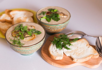 Food. Cream soup with сhampignon, greens, toasts