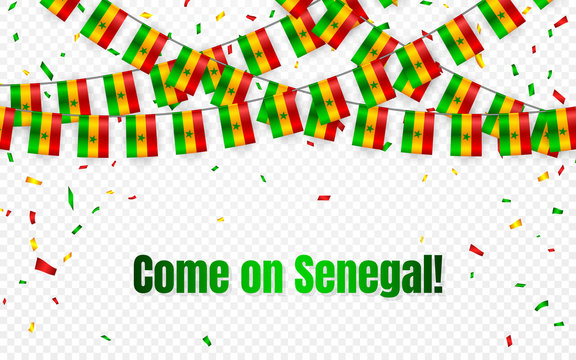Senegal garland flag with confetti on transparent background, Hang bunting for celebration template banner, Vector illustration