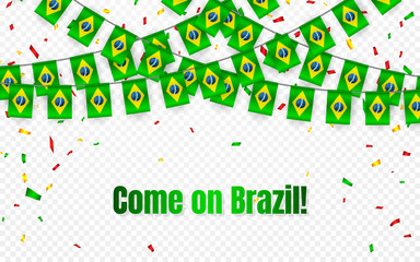 Brazil garland flag with confetti on transparent background, Hang bunting for celebration template banner, Vector illustration