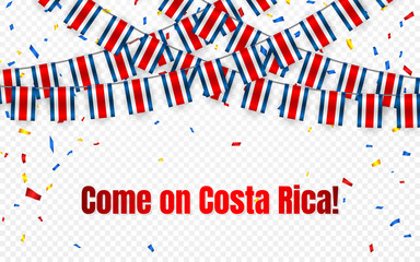Obraz premium Costa Rica garland flag with confetti on transparent background, Hang bunting for celebration template banner, Vector illustration