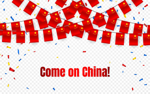 China garland flag with confetti on transparent background, Hang bunting for celebration template banner, Vector illustration