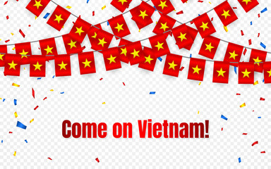 Vietnam garland flag with confetti on transparent background, Hang bunting for celebration template banner, Vector illustration