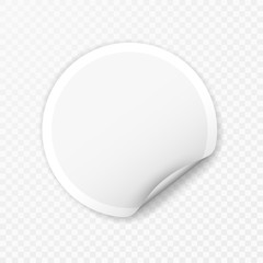 Blank round sticker with curled corners on transparent background, realistic mockup