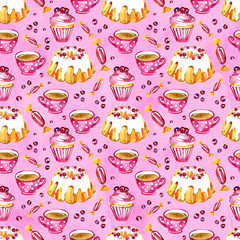 Watercolor cranberry cupcakes and tea watercolor illustration pattern on white background