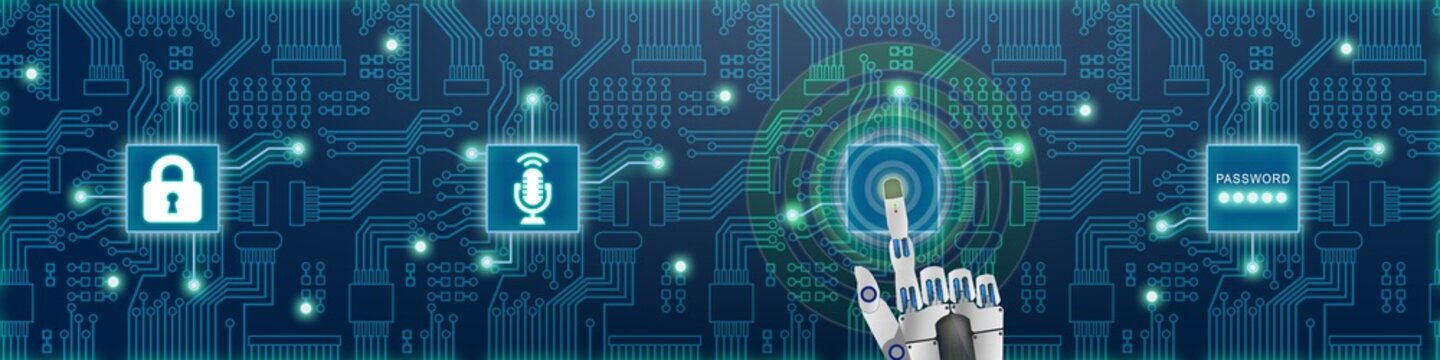 i4b115 Industrie4Banner i4b - K&uuml;nstliche Intelligenz: Robotersystem / Sprachsteuerung / Leiterplatte - english - artificial intelligence: speech recognition - circuit board - banner 4to1 xxl g6581