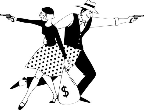 Cartoon Bonnie and Clyde firing guns and holding a bank sack with money, EPS 8 vector illustration