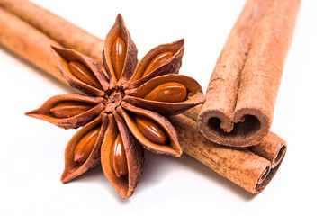 anise and cinnamon sticks on white background