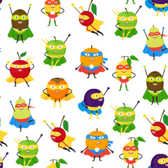 Obraz premium Cartoon Vegetables and Fruit Superhero Characters Seamless Pattern Background. Vector