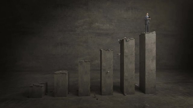 Businessman on increase concrete bar graph, rising arrow market. 4k animation.