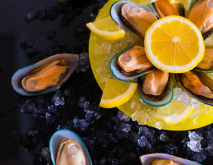 Naklejka na ściany i meble Food. mussels, vegetables, yellow plate, black background, ice