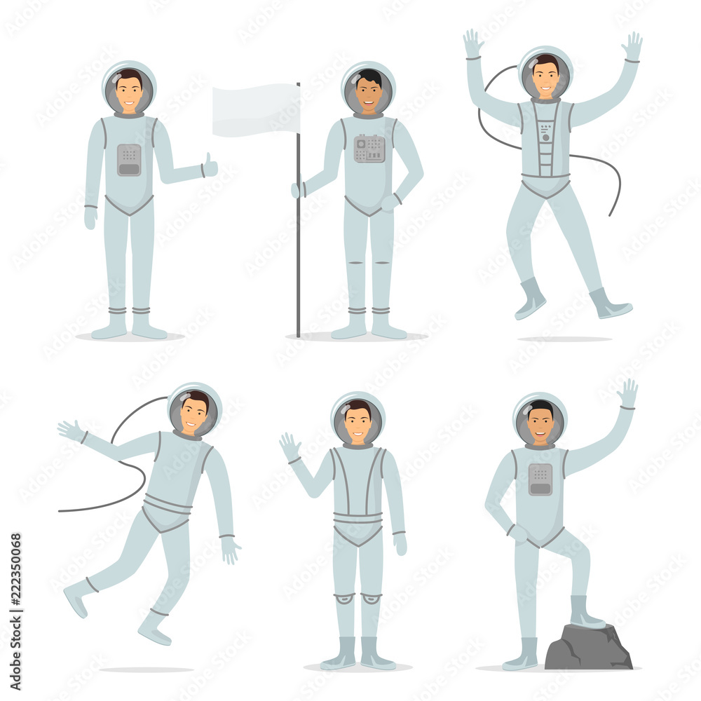 Poster cartoon characters astronauts person in different pose set. vector