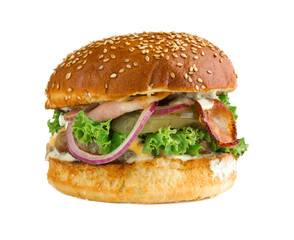 Burger close-up on a white background. Fried beef cutlet on grill, green salad, tomato, bacon, pepper jalapenju and bun with sesame.