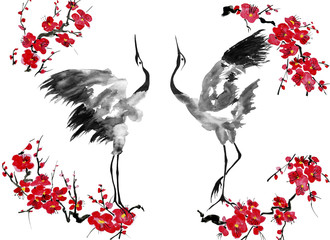 Two enamored japanese cranes bird.  Red stylized flowers of plum mei, wild apricots and sakura . Watercolor and ink illustration in style sumi-e, u-sin, go-hua Oriental traditional painting.  © marinakutukova