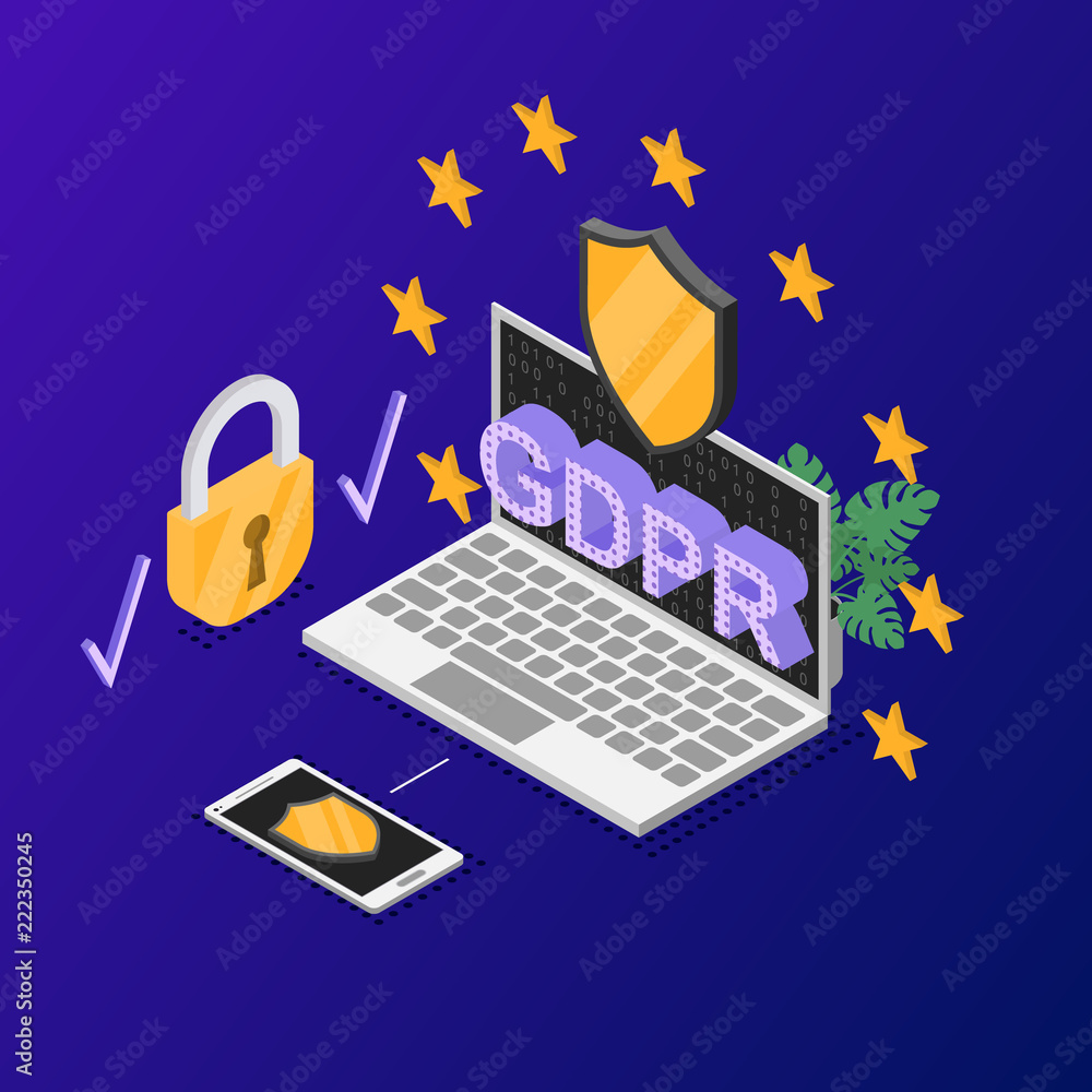 Poster GDPR Concept 3d Isometric View on a Blue. Vector