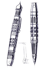 Fototapeta premium Draft sketch development of the design of an exclusive pen and ballpoint pen.