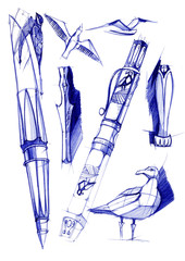 Draft sketch development of the design of an exclusive pen and ballpoint pen.