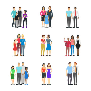 Cartoon Characters Different Homosexual Couples Families Set. Vector