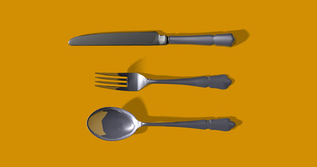 Grey metal fork, knife and spoon. yellow background. Gray silver cutlery set. Top view. 3D rendering