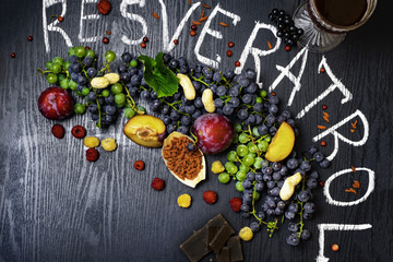 food rich with resveratrol, grapes, plums, goji, peanuts, cranberry,raspberrys, dark chocolate,red wine