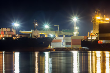 ship loading work in the container terminal in Riga, Latvia in the summer night