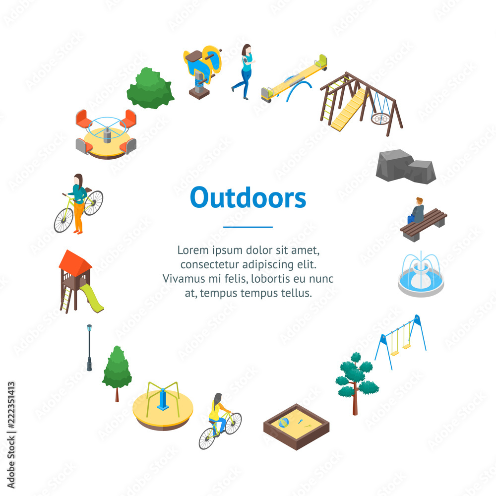 Poster kid playground elements 3d banner card circle isometric view. vector