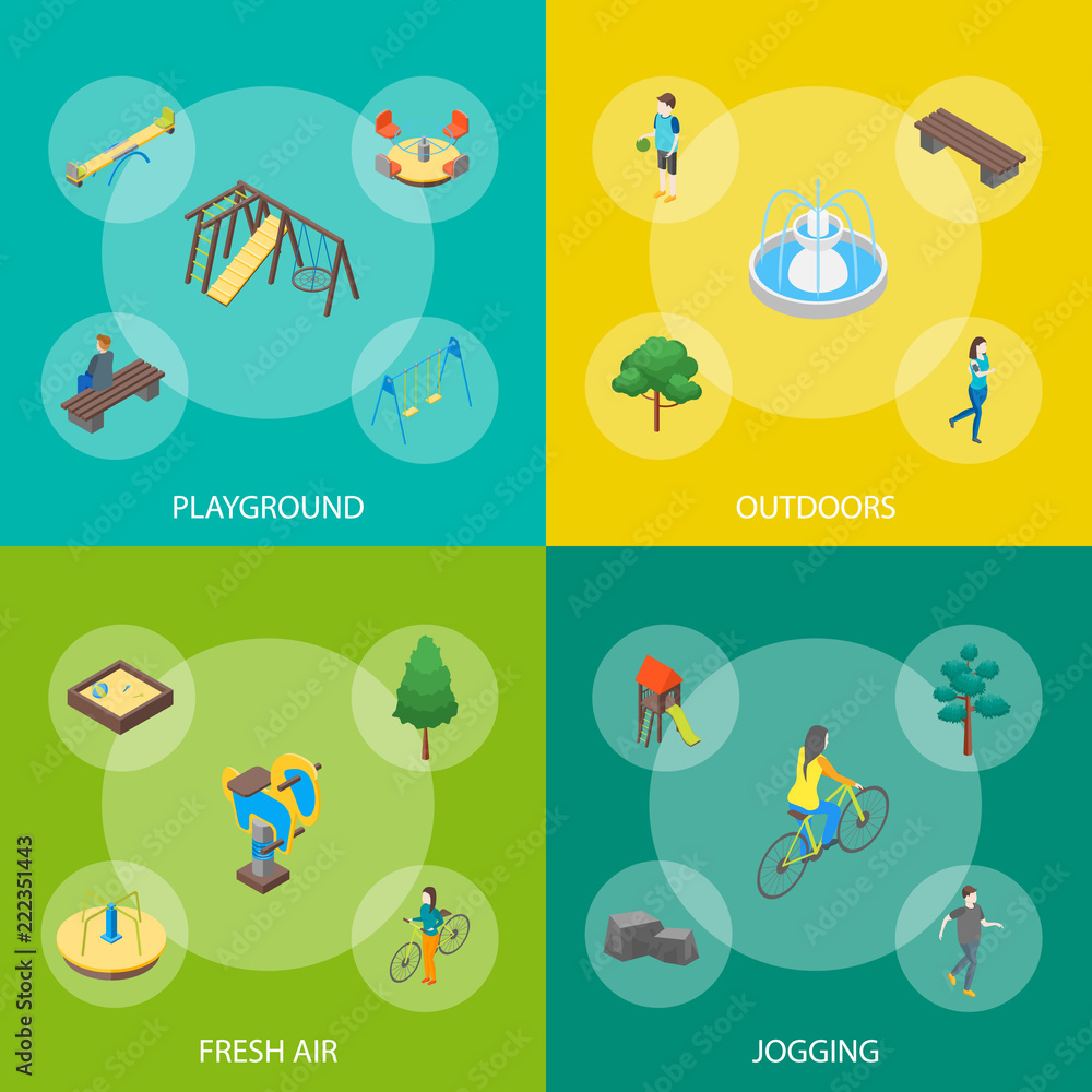 Poster kid playground elements banner 3d set isometric view. vector