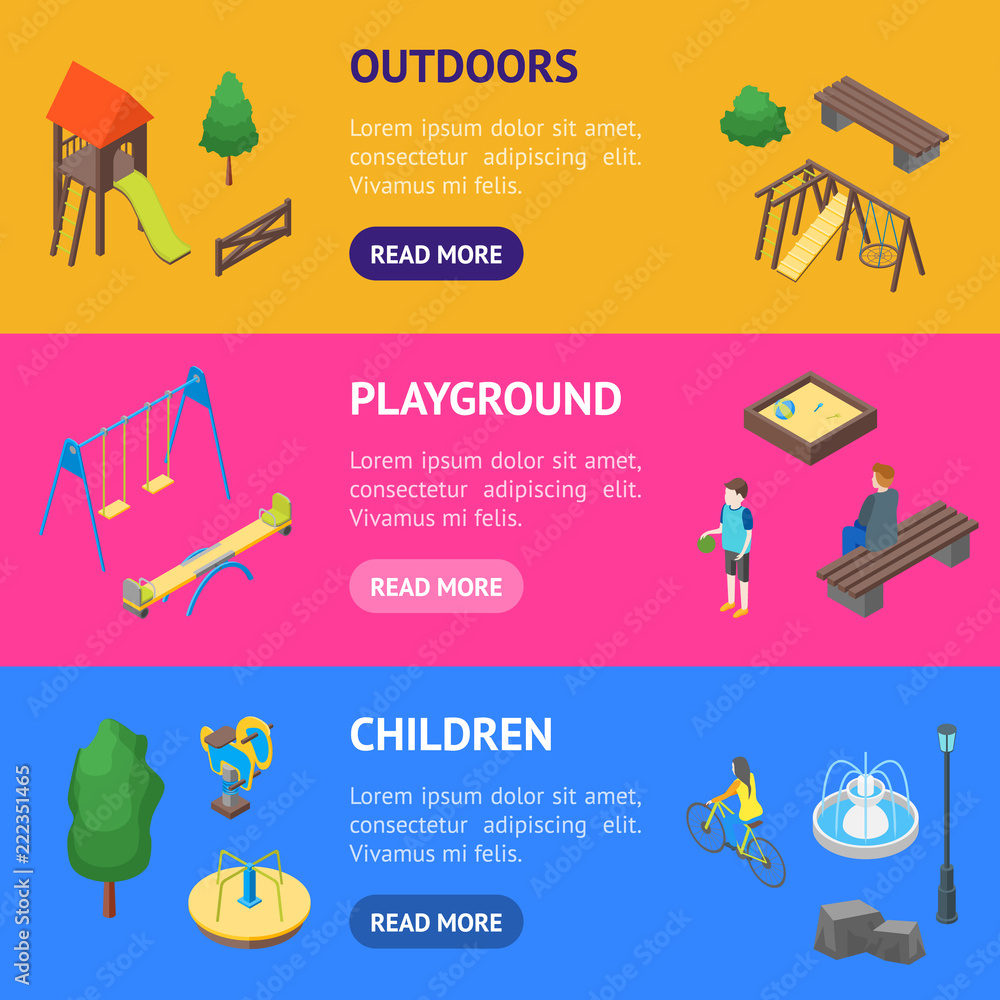 Poster kid playground elements 3d banner horizontal set isometric view. vector