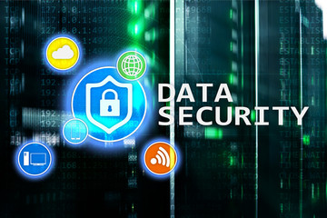 Data security, cyber crime prevention, Digital information protection. Lock icons and server room...