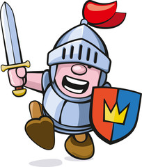 niedliche rennende Ritterfigur mit Schwert und Schild