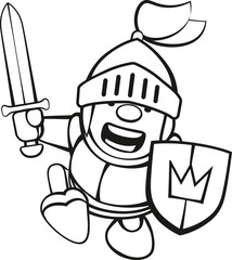 niedliche rennende Ritterfigur mit Schwert und Schild zum Ausmalen