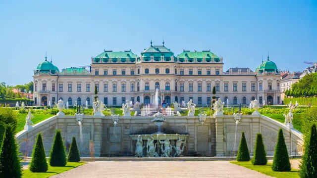 Vienna, Austria, Belvedere Museum complex on a sunny summer day. Time lapse. 