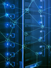 Wi fi network abstract structure on modern server room background.