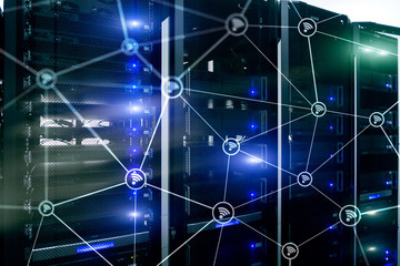 Wi fi network abstract structure on modern server room background.