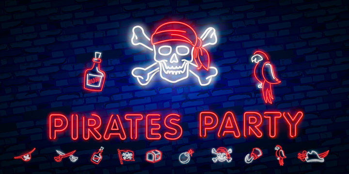 Pirates Party Neon Text Vector. Pitate Neon Icon, Design Template, Modern Trend Design, Night Neon SignboardVintage Pirate Emblem Glowing Neon