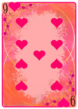 Nine of Hearts playing card. Unique hand drawn pocker card. One of 52 cards in french card deck, English or Anglo-American pattern. Cartoon style digital art illustration. Clip art for web and print