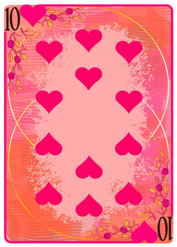 Ten of Hearts playing card. Unique hand drawn pocker card. One of 52 cards in french card deck, English or Anglo-American pattern. Cartoon style digital art illustration. Clip art for web and print
