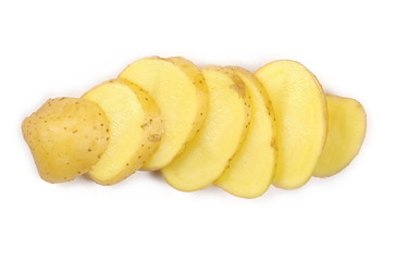 Fototapeta na wymiar Fresh organic potato slices isolated on white background, top view