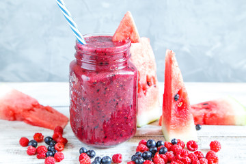 Watermelon fresh with raspberries and blueberries.
