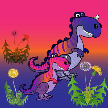 Dinosaurs and dandelions, cartoon character. Vector background images. Illustrations for children. Use printed materials, signs, objects, websites, maps, posters, postcards.